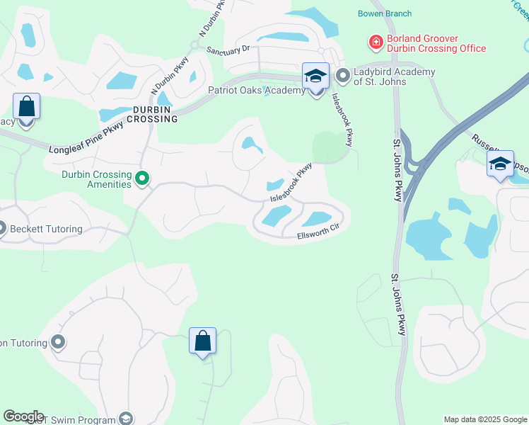 map of restaurants, bars, coffee shops, grocery stores, and more near 265 Ellsworth Circle in Saint Johns