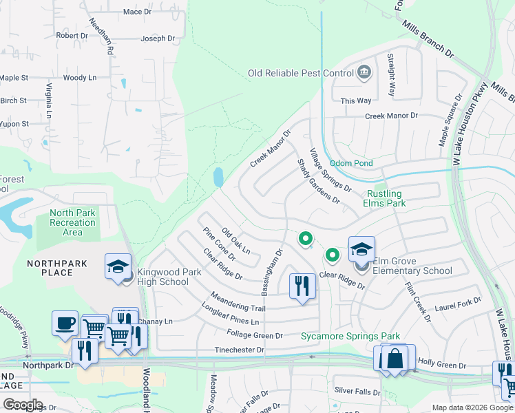map of restaurants, bars, coffee shops, grocery stores, and more near 5407 Creek Shadows Drive in Humble