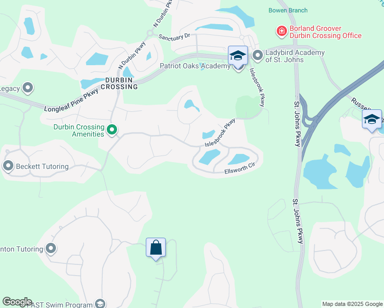 map of restaurants, bars, coffee shops, grocery stores, and more near 296 Ellsworth Circle in Saint Johns