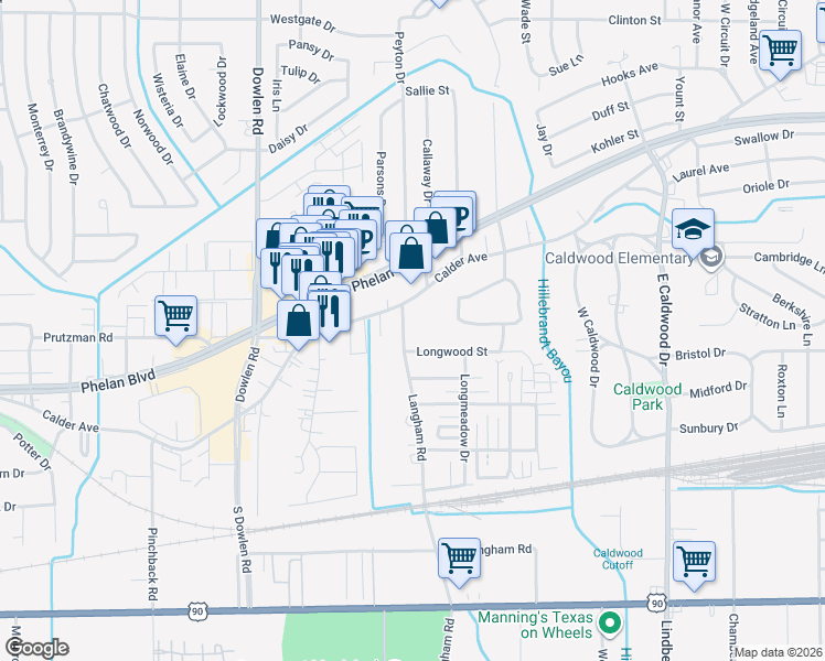 map of restaurants, bars, coffee shops, grocery stores, and more near 6090 Longwood Street in Beaumont