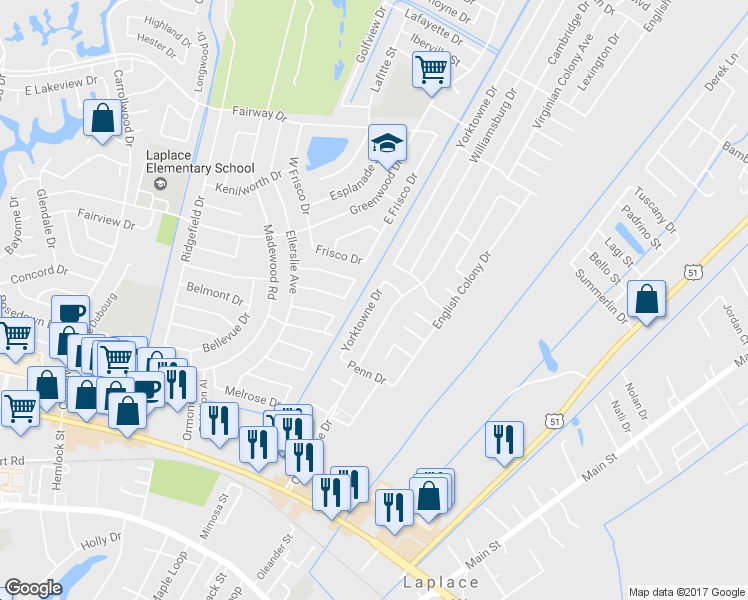 map of restaurants, bars, coffee shops, grocery stores, and more near 1445 Yorktowne Dr in LaPlace