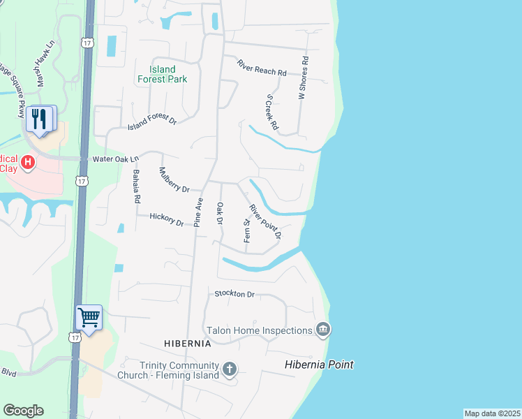 map of restaurants, bars, coffee shops, grocery stores, and more near 6454 River Point Drive in Fleming Island