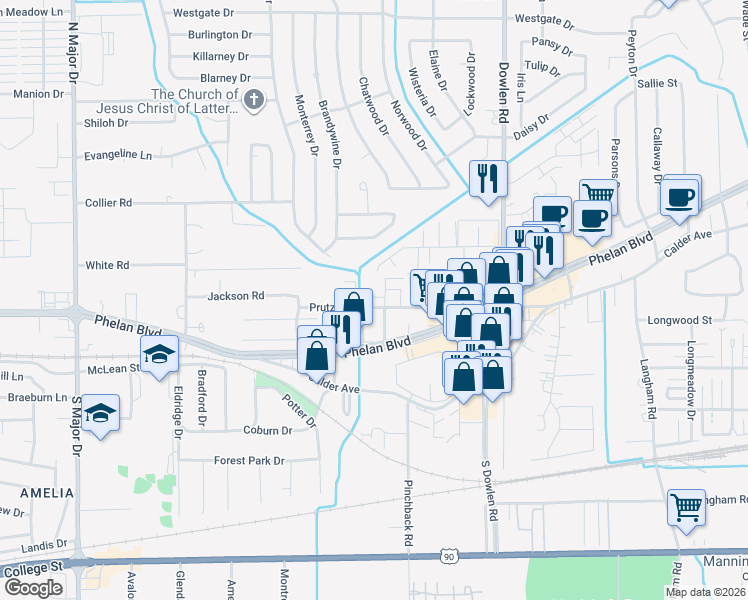 map of restaurants, bars, coffee shops, grocery stores, and more near 6875 Phelan Boulevard in Beaumont