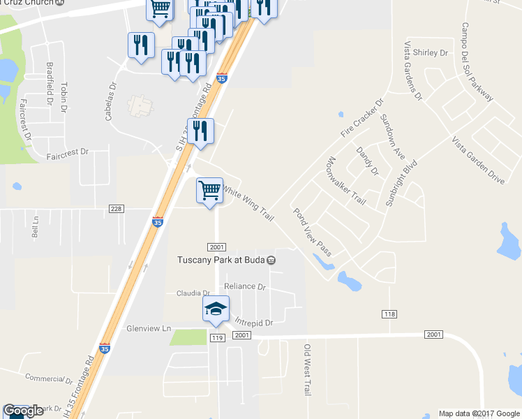 map of restaurants, bars, coffee shops, grocery stores, and more near Overpass Road in Buda