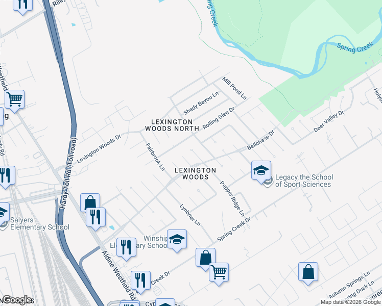 map of restaurants, bars, coffee shops, grocery stores, and more near 25511 Long Hill Lane in Spring