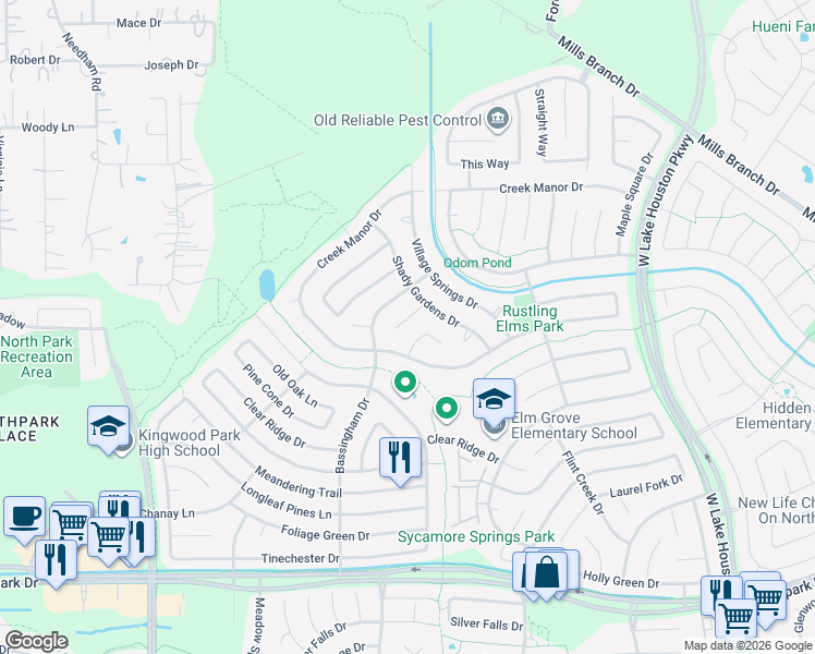 map of restaurants, bars, coffee shops, grocery stores, and more near 5214 Creek Shadows Drive in Houston