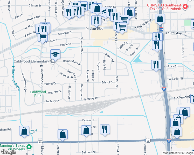 map of restaurants, bars, coffee shops, grocery stores, and more near 185 Orgain Street in Beaumont