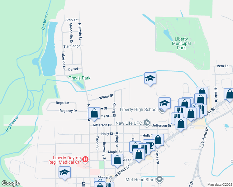 map of restaurants, bars, coffee shops, grocery stores, and more near 2204 Willow Street in Liberty