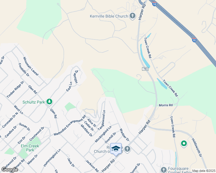 map of restaurants, bars, coffee shops, grocery stores, and more near 1400 Hilltop Road in Kerrville