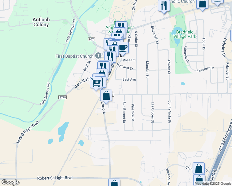 map of restaurants, bars, coffee shops, grocery stores, and more near 200 West Goforth Road in Buda