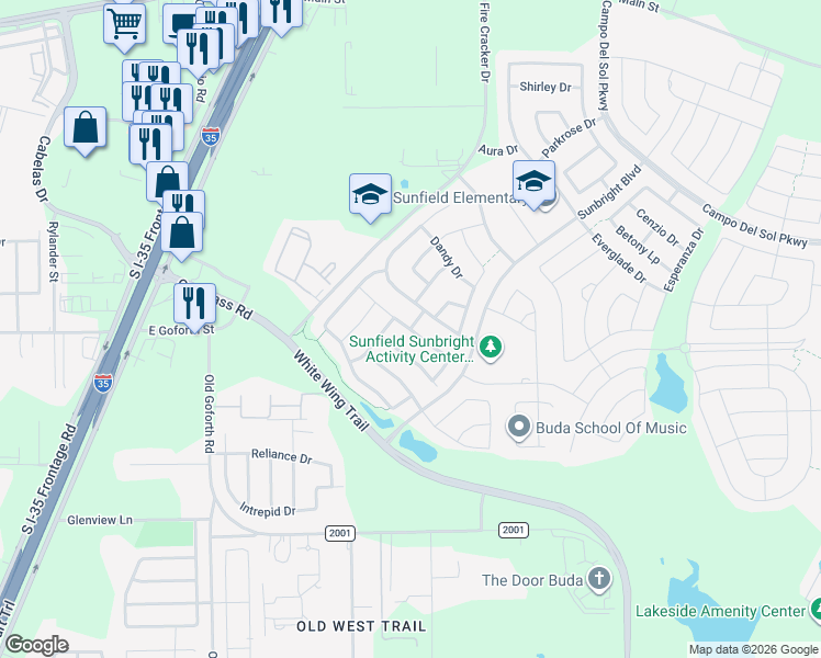 map of restaurants, bars, coffee shops, grocery stores, and more near Strawberry Blonde Drive in Buda