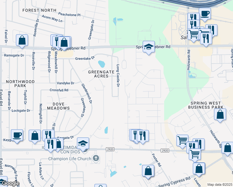 map of restaurants, bars, coffee shops, grocery stores, and more near 21522 Long Castle Drive in Spring