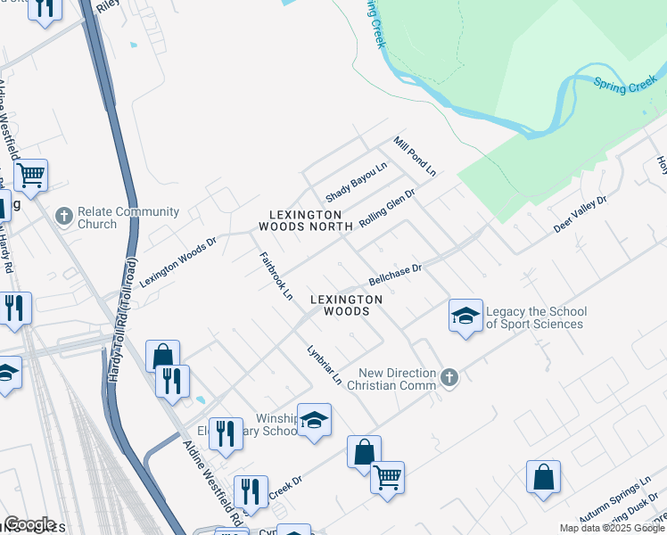 map of restaurants, bars, coffee shops, grocery stores, and more near 25527 Pepper Ridge Lane in Spring