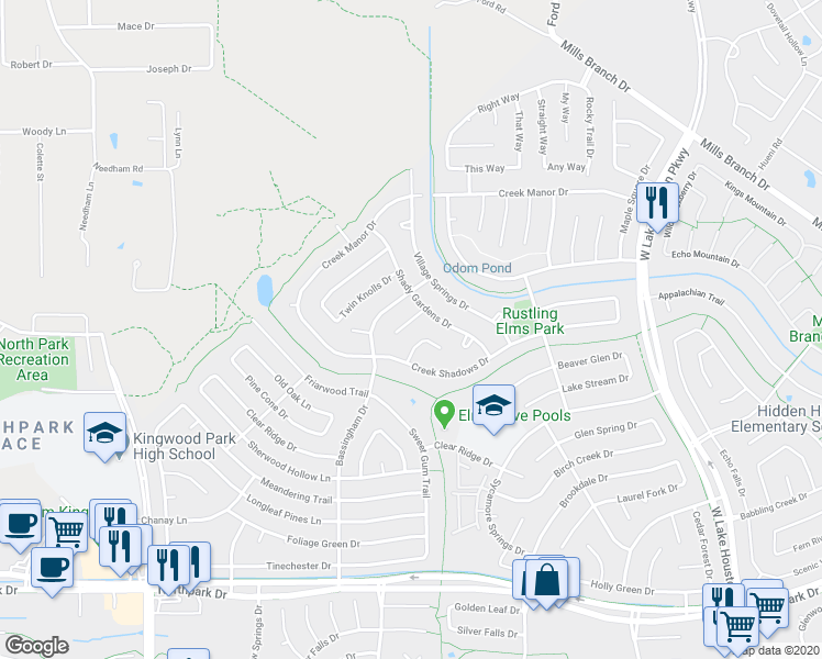 map of restaurants, bars, coffee shops, grocery stores, and more near 2915 Maple Knoll Drive in Humble