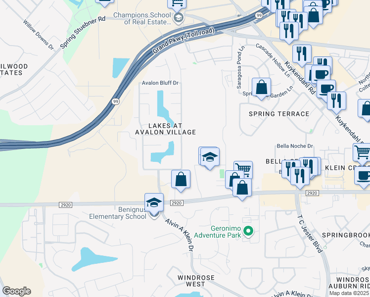 map of restaurants, bars, coffee shops, grocery stores, and more near 21522 Avalon Queen Drive in Spring