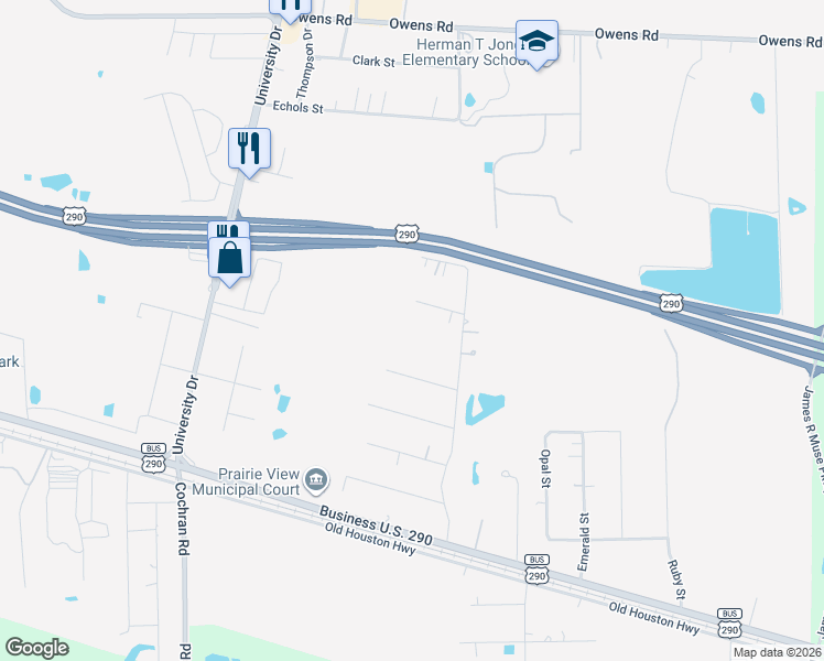 map of restaurants, bars, coffee shops, grocery stores, and more near 517 Begonia Street in Prairie View