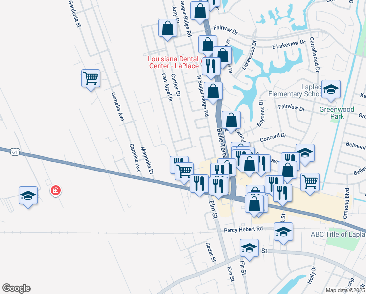 map of restaurants, bars, coffee shops, grocery stores, and more near 1401 Van Arpel Drive in LaPlace