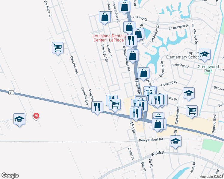 map of restaurants, bars, coffee shops, grocery stores, and more near 1401 Van Arpel Drive in LaPlace