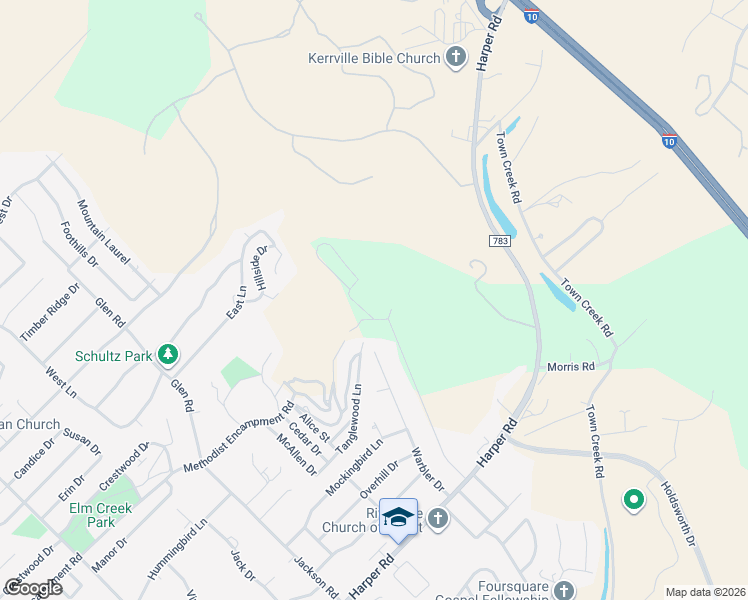 map of restaurants, bars, coffee shops, grocery stores, and more near 1400 Hilltop Road in Kerrville