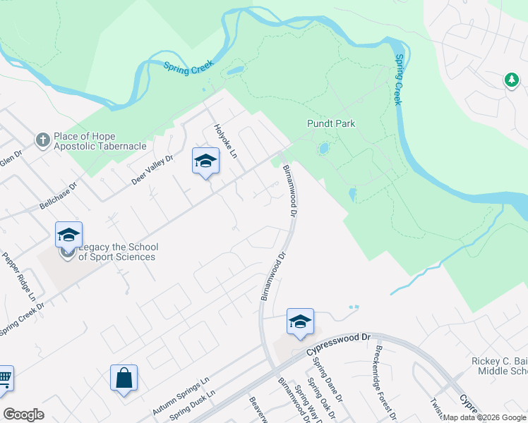 map of restaurants, bars, coffee shops, grocery stores, and more near 25027 Thrushwood Lane in Spring