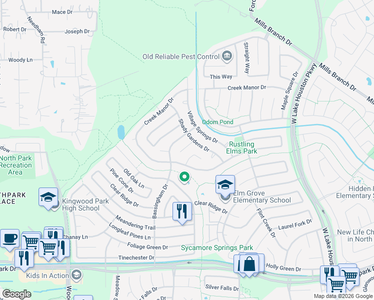 map of restaurants, bars, coffee shops, grocery stores, and more near 2915 Maple Knoll Drive in Houston