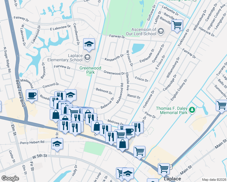 map of restaurants, bars, coffee shops, grocery stores, and more near 433 Belle Alliance Drive in LaPlace