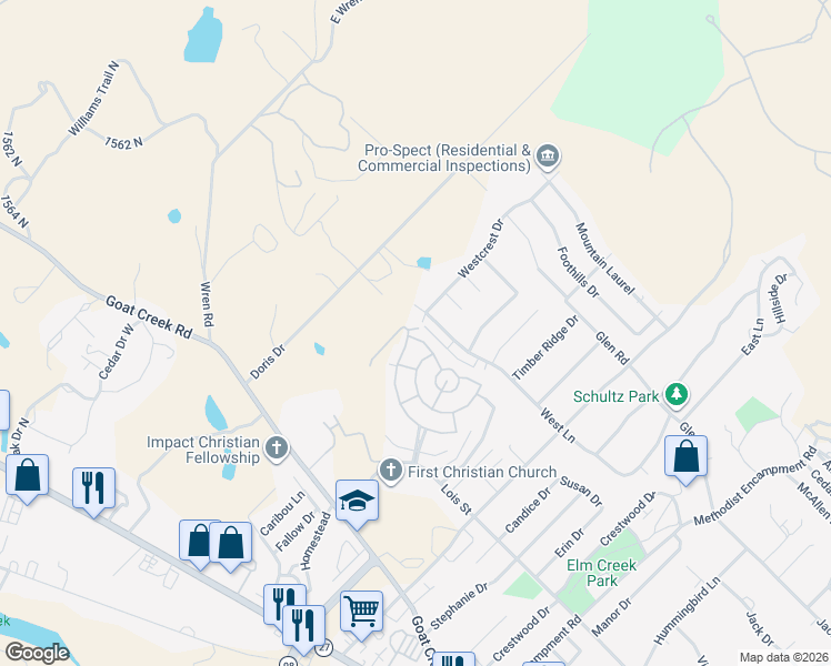 map of restaurants, bars, coffee shops, grocery stores, and more near 306 Venice Drive North in Kerrville