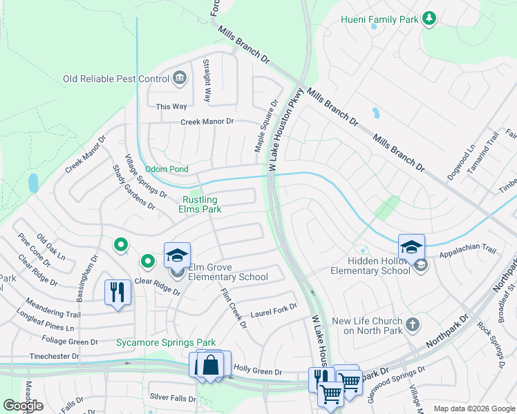 map of restaurants, bars, coffee shops, grocery stores, and more near 3343 Golden Willow Drive in Humble