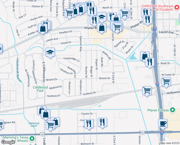 map of restaurants, bars, coffee shops, grocery stores, and more near 160 Briggs Street in Beaumont