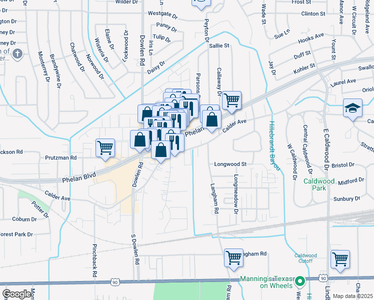 map of restaurants, bars, coffee shops, grocery stores, and more near 20 Genevieve Street in Beaumont