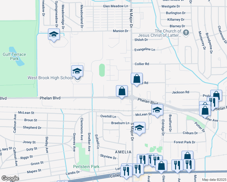 map of restaurants, bars, coffee shops, grocery stores, and more near 8483 Oak Brook Drive in Beaumont