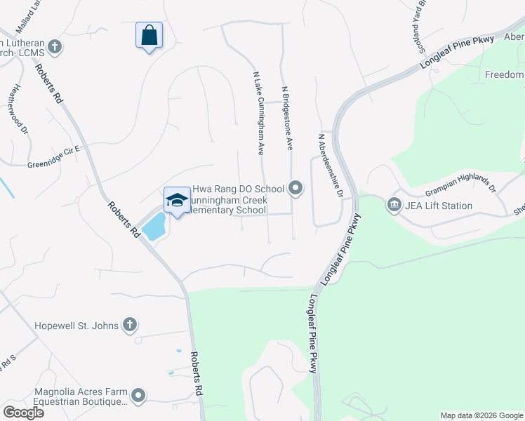 map of restaurants, bars, coffee shops, grocery stores, and more near 101 North Lake Cunningham Avenue in Jacksonville