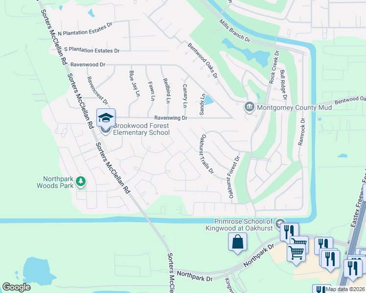 map of restaurants, bars, coffee shops, grocery stores, and more near 20698 Oakhurst Meadows Drive in Porter