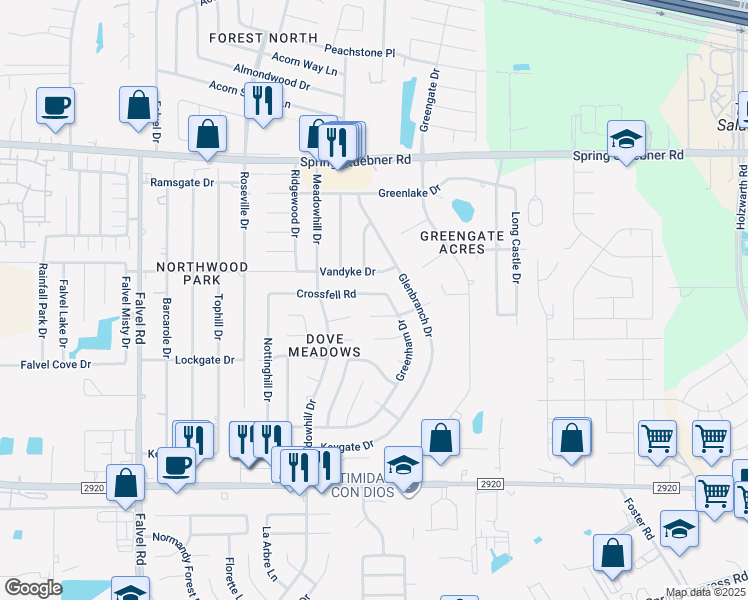 map of restaurants, bars, coffee shops, grocery stores, and more near 3202 Crossfell Road in Spring