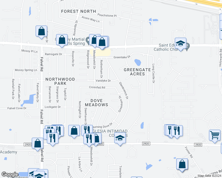 map of restaurants, bars, coffee shops, grocery stores, and more near 3211 Crossfell Road in Spring