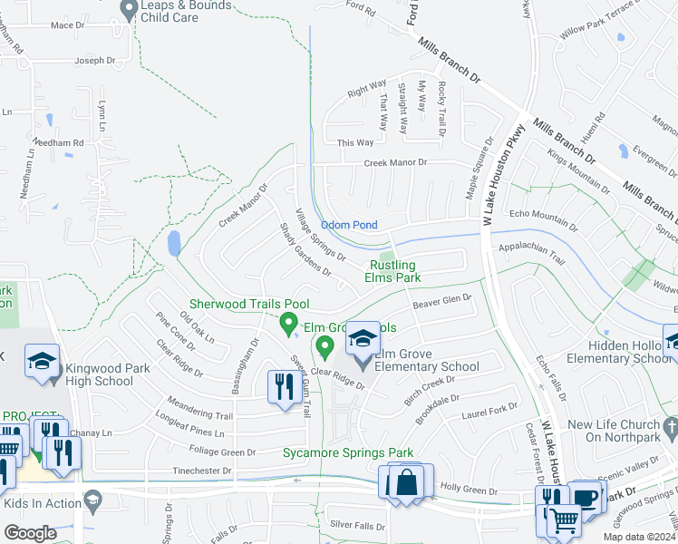 map of restaurants, bars, coffee shops, grocery stores, and more near 5106 Shady Gardens Drive in Humble