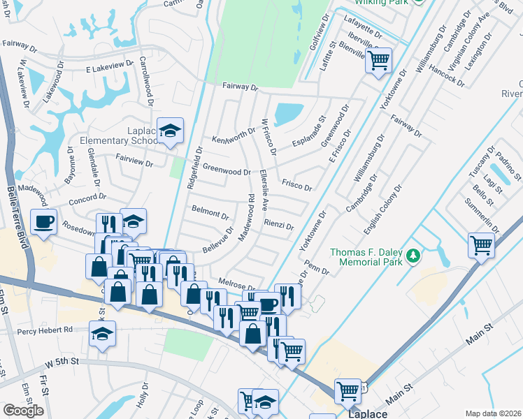 map of restaurants, bars, coffee shops, grocery stores, and more near 589 Welham Loop in LaPlace