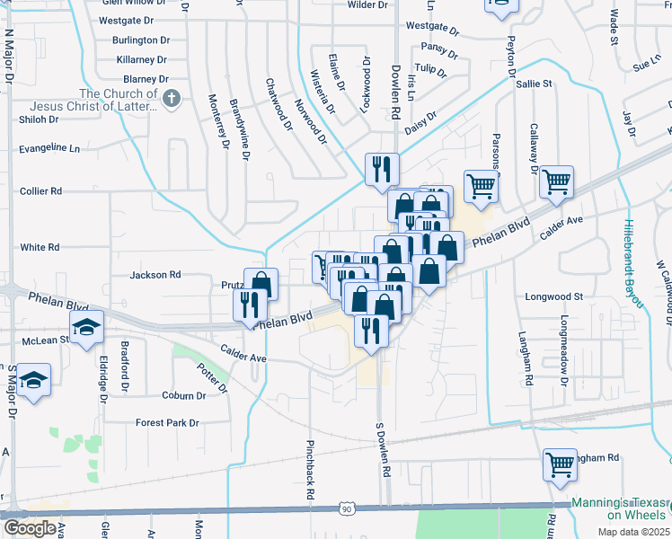 map of restaurants, bars, coffee shops, grocery stores, and more near 6650 Prutzman Road in Beaumont
