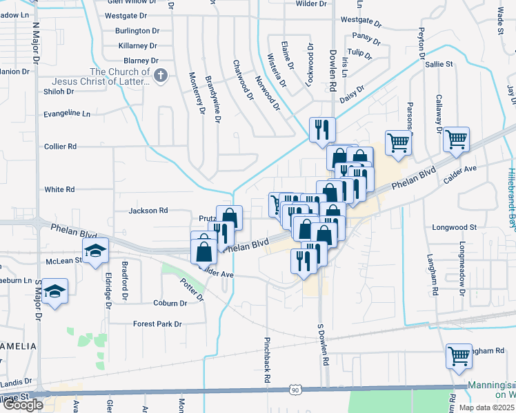 map of restaurants, bars, coffee shops, grocery stores, and more near 6715 Lexington Court in Beaumont