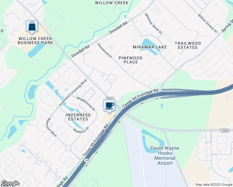 map of restaurants, bars, coffee shops, grocery stores, and more near 20938-21198 Farm to Market 2920 in Spring