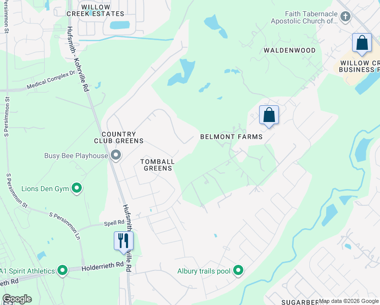 map of restaurants, bars, coffee shops, grocery stores, and more near 10927 South Country Club Green Drive in Tomball