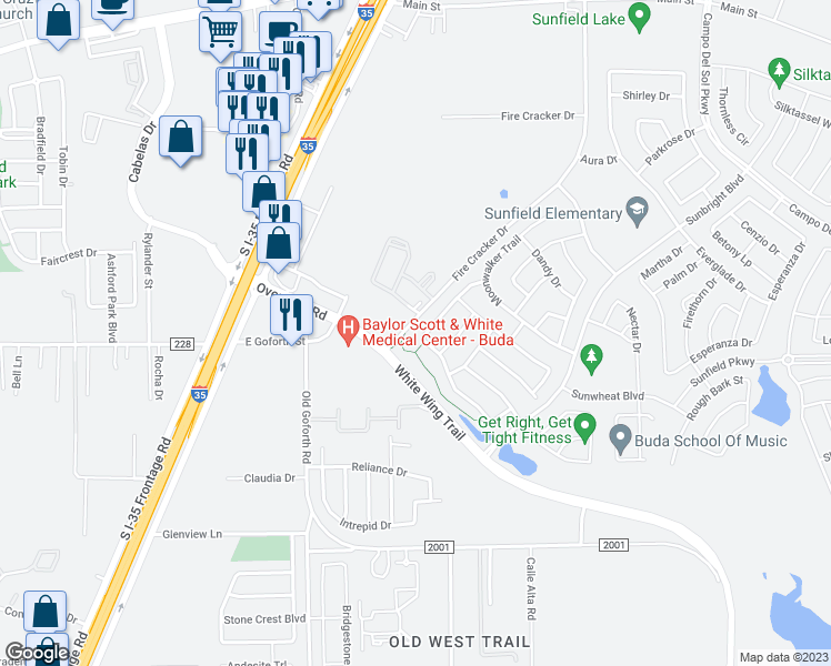 map of restaurants, bars, coffee shops, grocery stores, and more near 415 Pond View Pass in Buda