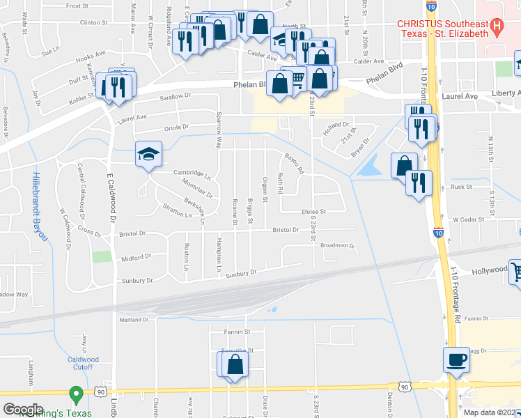 map of restaurants, bars, coffee shops, grocery stores, and more near 168 Orgain Street in Beaumont