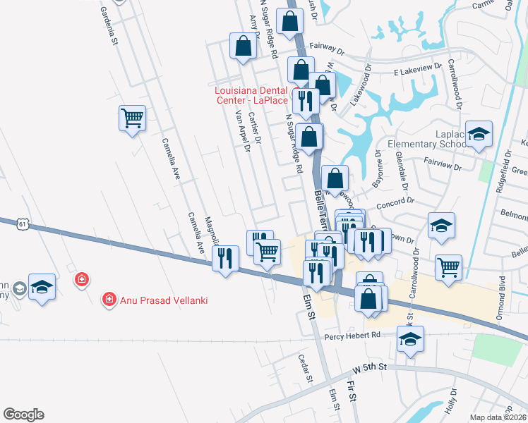 map of restaurants, bars, coffee shops, grocery stores, and more near 1401 Van Arpel Drive in LaPlace