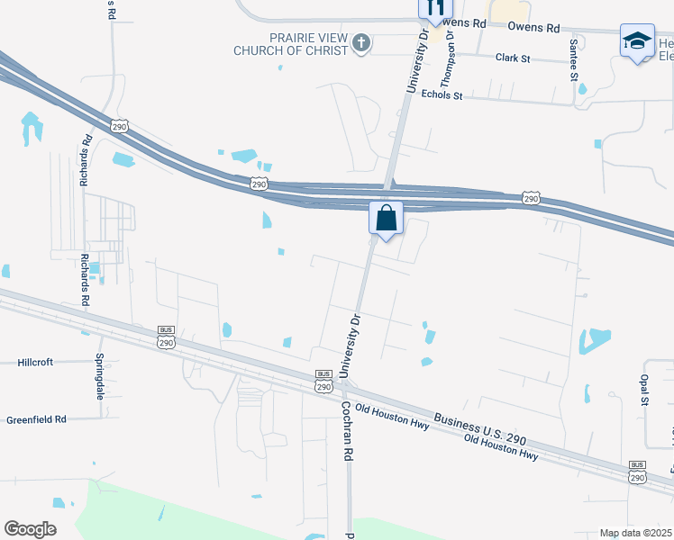 map of restaurants, bars, coffee shops, grocery stores, and more near 401 University Drive in Prairie View