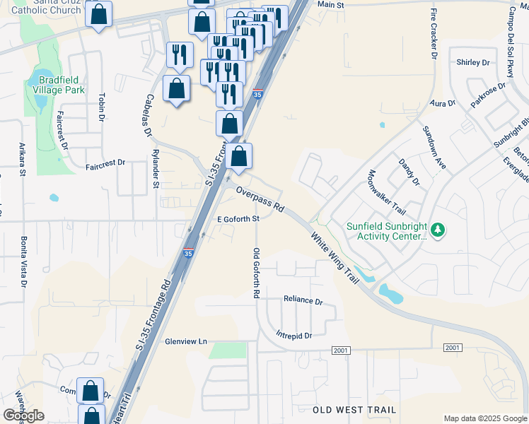 map of restaurants, bars, coffee shops, grocery stores, and more near 151 Farm to Market Road 2001 in Buda