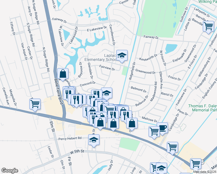 map of restaurants, bars, coffee shops, grocery stores, and more near 184 Rue Dubourg in LaPlace