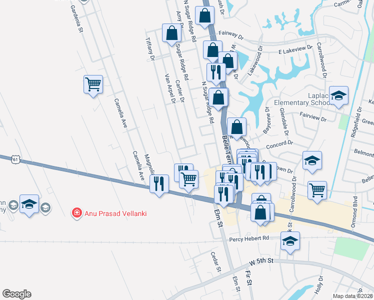 map of restaurants, bars, coffee shops, grocery stores, and more near 1401 Van Arpel Drive in LaPlace