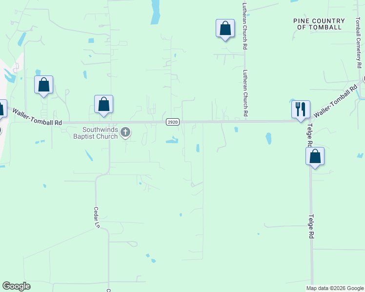 map of restaurants, bars, coffee shops, grocery stores, and more near 21703 Parker Road in Tomball