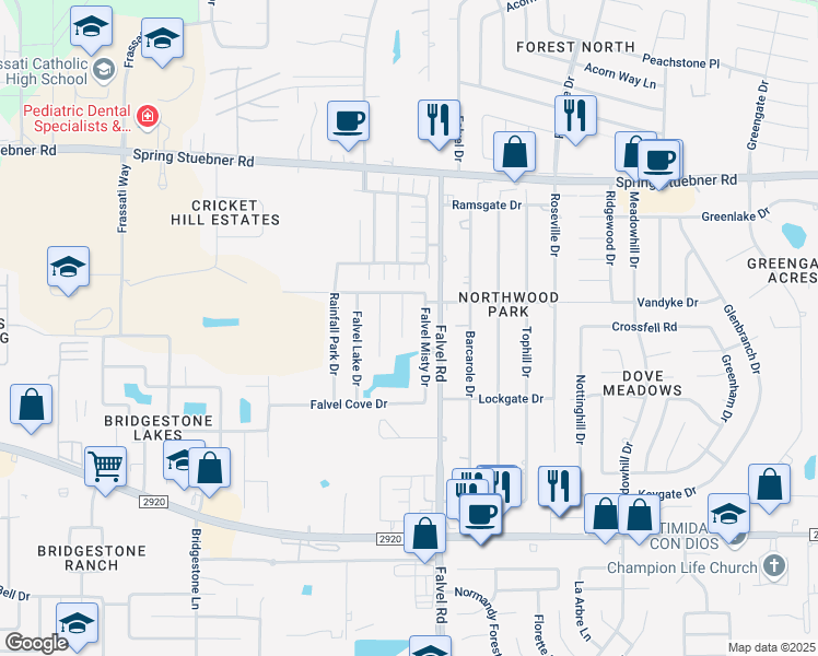 map of restaurants, bars, coffee shops, grocery stores, and more near 21634 Falvel Sunset Court in Spring